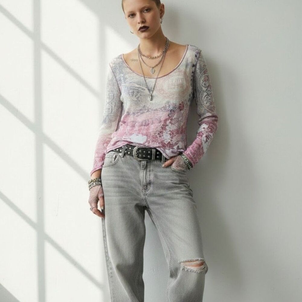 Lucky Tee Y2K Japanese Floral Thermal Womens L Multicolor Gradient Vintage Artsy